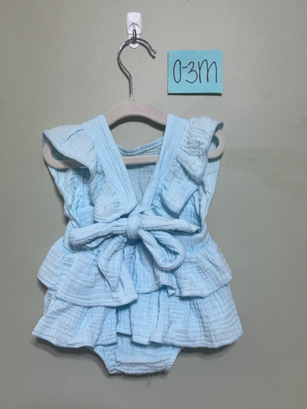 Sky Blue Baby Girl Muslin Ruffled Romper and Crisscross Tied Bow Backing, 0-3M - Picture 4 of 8